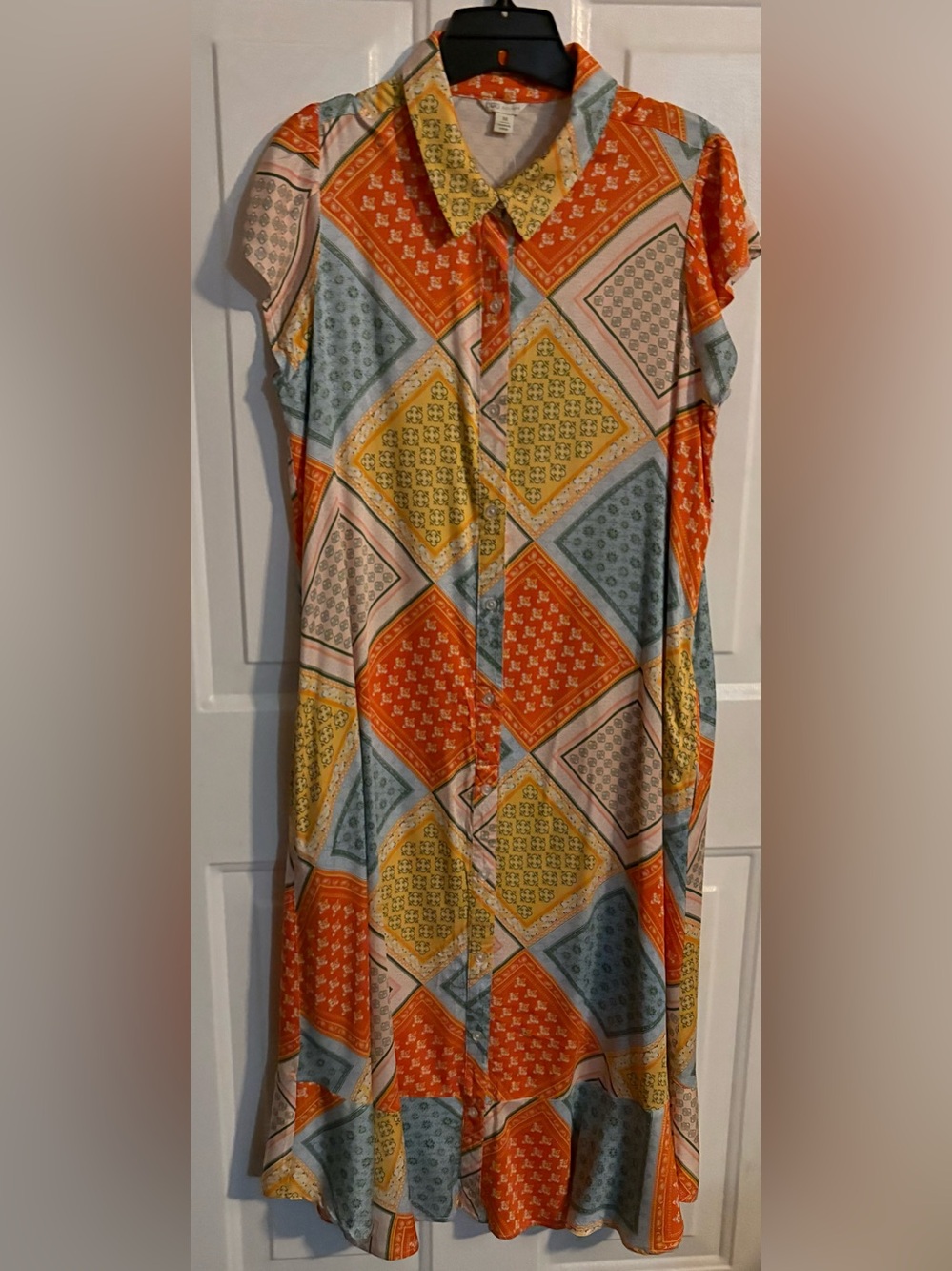 NWT Cato Multicolor Patchwork Button-Front Dress — Orange, Yellow, Green, Blue - Picture 2 of 10